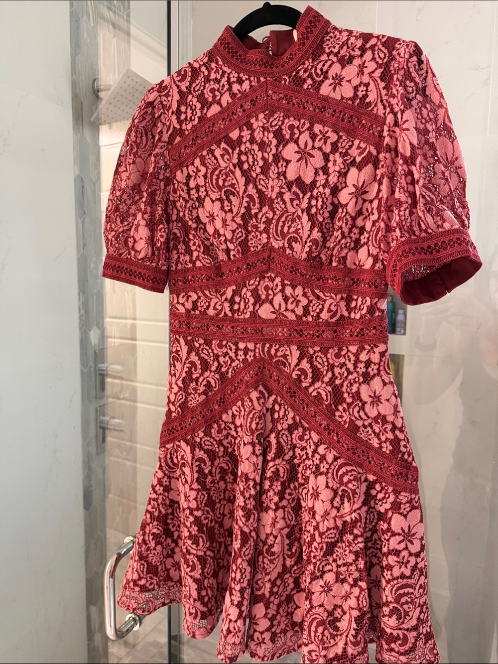 Floral Lace Fit-and-Flare Dress in Pink and Red